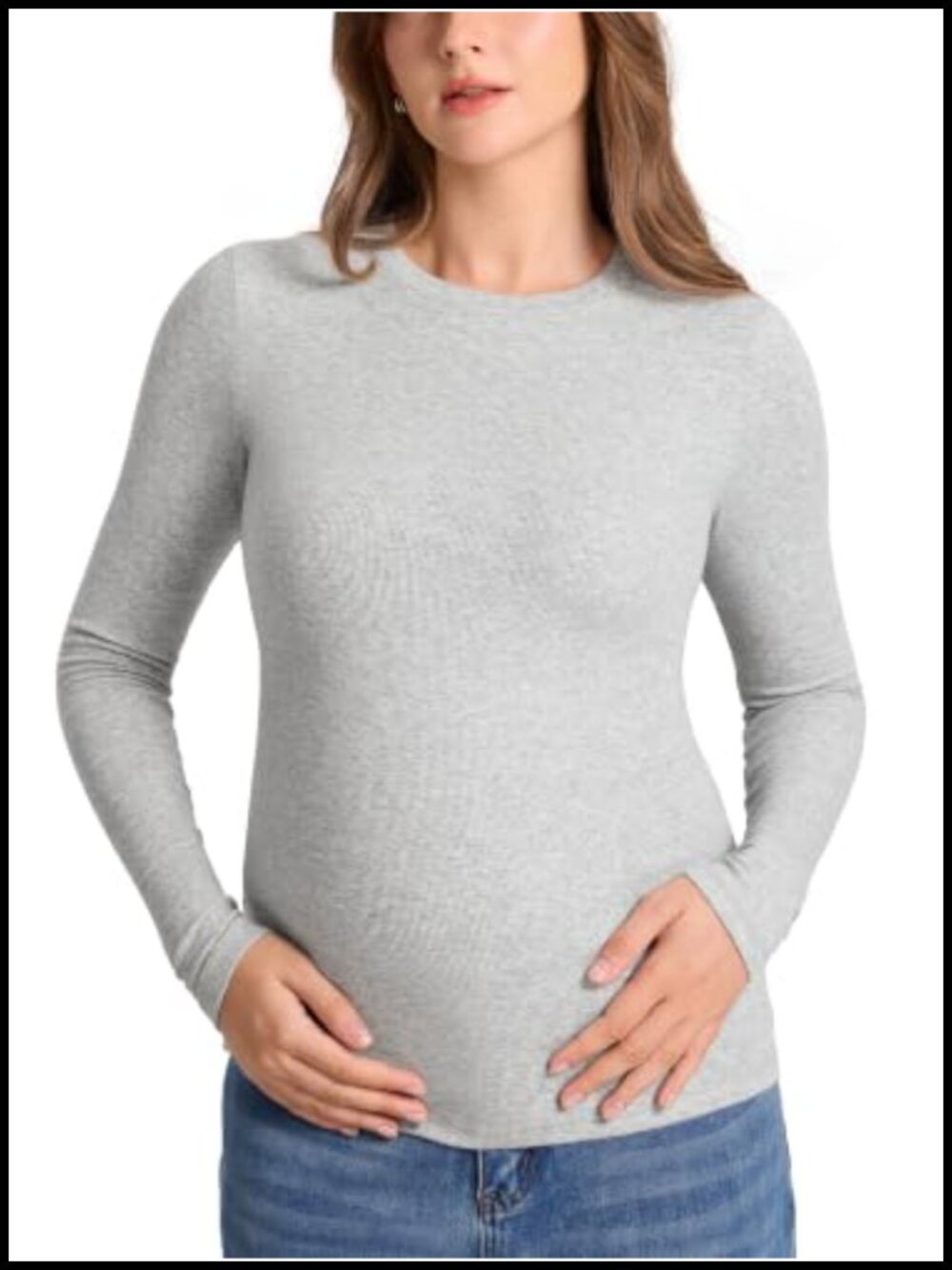 Cotton Ribbed Maternity T-Shirt Crewneck Long Sleeve Slim Fit Pullover